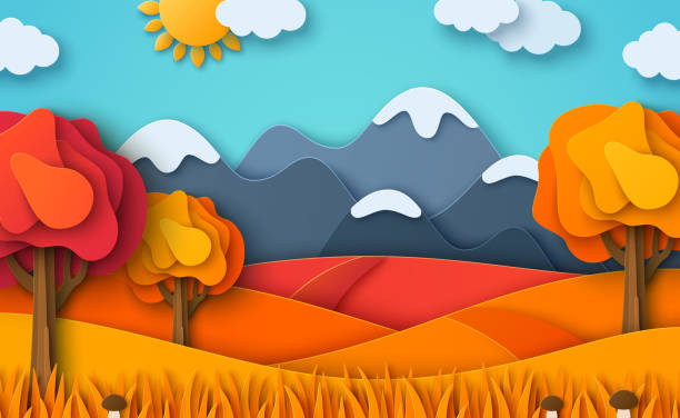 Mountain autumn landscape paper cut Mountain autumn landscape vector illustration. Cartoon scenery poster, orange valley in hills, road, golden leaves trees. Outdoor modern concept, village countryside scene tree illustration and painting art cartoon stock illustrations