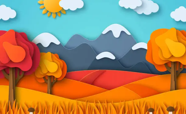 Vector illustration of Mountain autumn landscape paper cut
