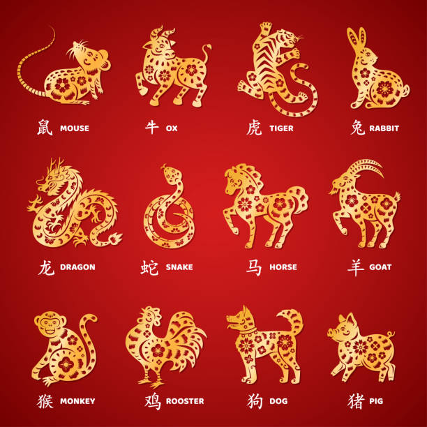 Chinese horoscope animals gold Chinese New Year horoscope animals icons set. Vector illustration. China zodiac calendar logo, asian lunar astrology signs. Rabbit, dragon, snake horse silhouette. Spring tradition paper cut style year of the horse stock illustrations