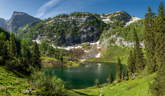 Panoramic view of scenic lake Grünsee in Nationalpark Berchtesgaden on a beautiful day.