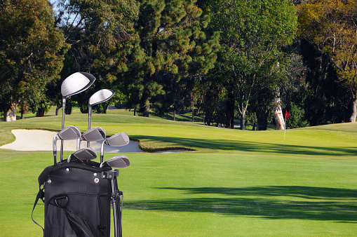 Closeup of a set of golf clubs in a bag on the fairway of a Golf Course on a sunny day.