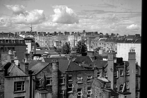 Black and white cityscape in Dublin, Ireland.