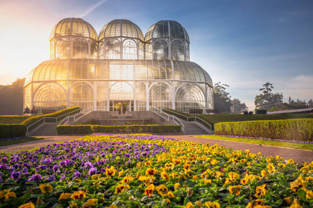 Public park around Botanical garden greenhouse in Curitiba, Parana, Brazil stock photo