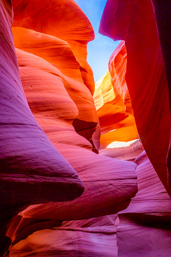 vanishing point of view at Low angle view from inside the Lower Antelope Slot Canyon in Page with a blue sky, Arizona. USA