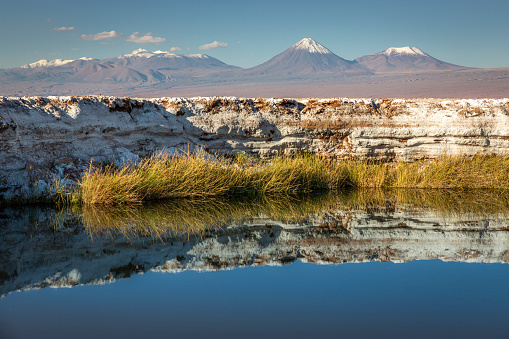 Licancabur volcanic landscape and salt lake reflection at sunset in Atacama Desert, Chile, South America