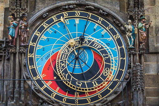 Astronomical clock close-up, orloj in Prague old town square, Czech Republic