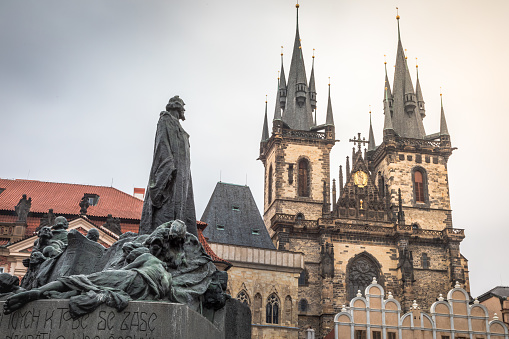 Prague old town square and gothic Tyn cathedral at dawn, Czech Republic