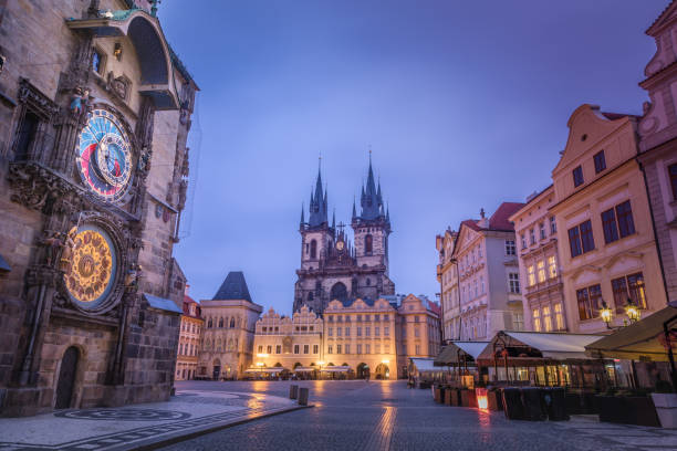 istock Astronomical clock in Prague old town square at dawn, Czech Republic 1415860901
