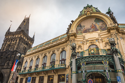 Powder Tower and Municipal House theater at evening, Prague old town, Czech Republic