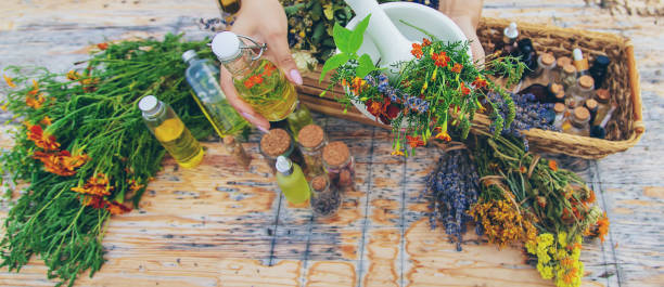 istock Medicinal herbs and natural tinctures. Selective focus. 1415863844