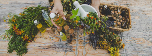 istock Medicinal herbs and natural tinctures. Selective focus. 1415863847