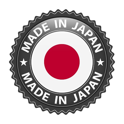 Made in Japan badge vector. Sticker with stars and national flag. Sign isolated on white background.
