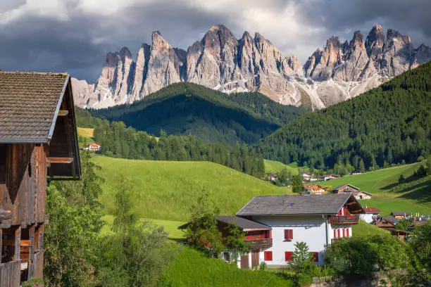 Val di Funes in St. Magdalena, Dolomites alps in Northern Italy, Idyllic landscape