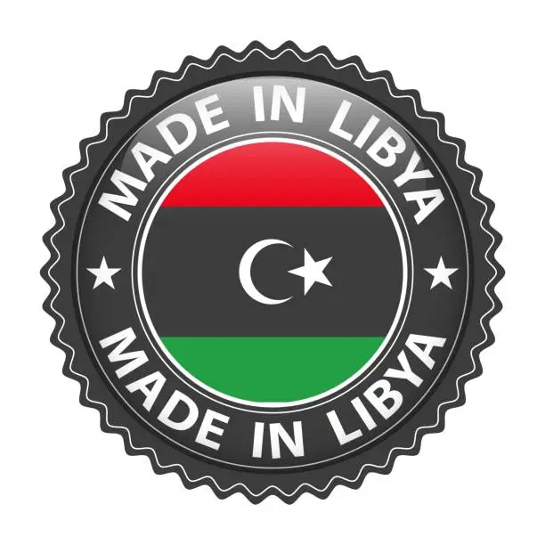 Vector illustration of Made in Libya badge vector. Sticker with stars and national flag. Sign isolated on white background.