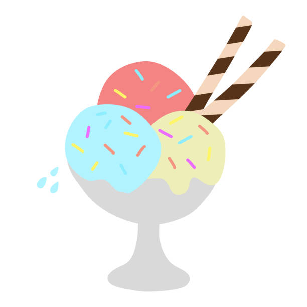красочные шарики мороженого в миске с красочными посыпками и вафельными рулетами, плоский вектор каракуля - ice cream sundae stock illustrations