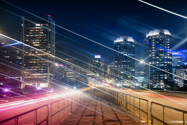 istock Motion blur of business district office buildings 1415869414