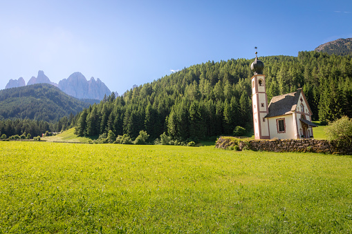 St Johann Church in idyllic Santa Maddalena, Dolomites, Northern Italy