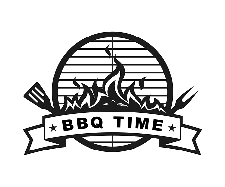 Stylized monochrome emblem for Barbecue bar and grill with silhouettes of BBQ symbols and replaceable text