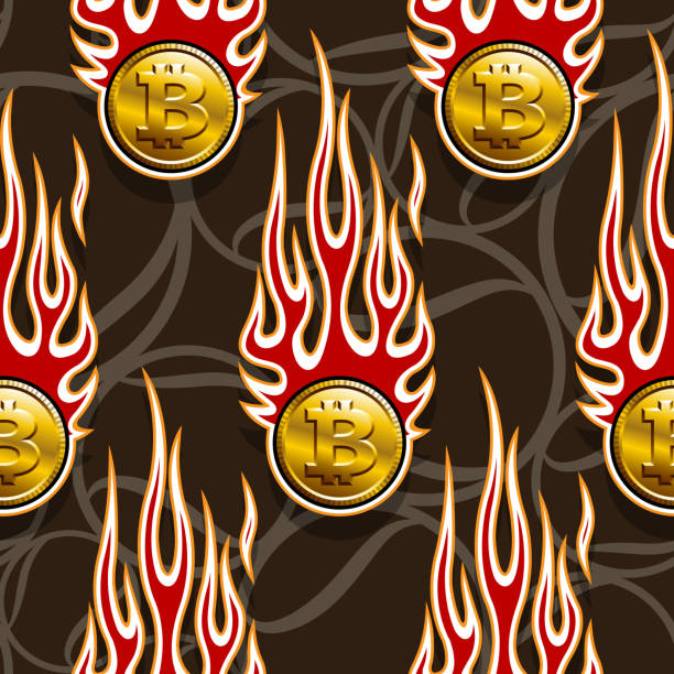 illustrazioni stock, clip art, cartoni animati e icone di tendenza di modello senza soluzione di continuità dell'icona della valuta crittografica bitcoin e della fiamma del fuoco tribale carta da parati vettoriale grafica tessile e design della carta da imballaggio - hot rod