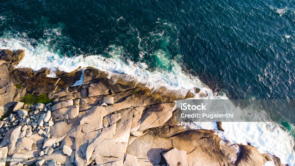 Waves hitting the rocks Aerial on Peggy's Cove, Nova Scotia, Canada Nova Scotia Stock Photo