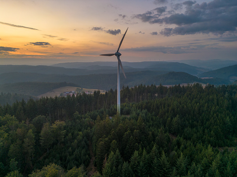 Aerial view on a wind turbine in the Black Forest near Freiamt in Germany.