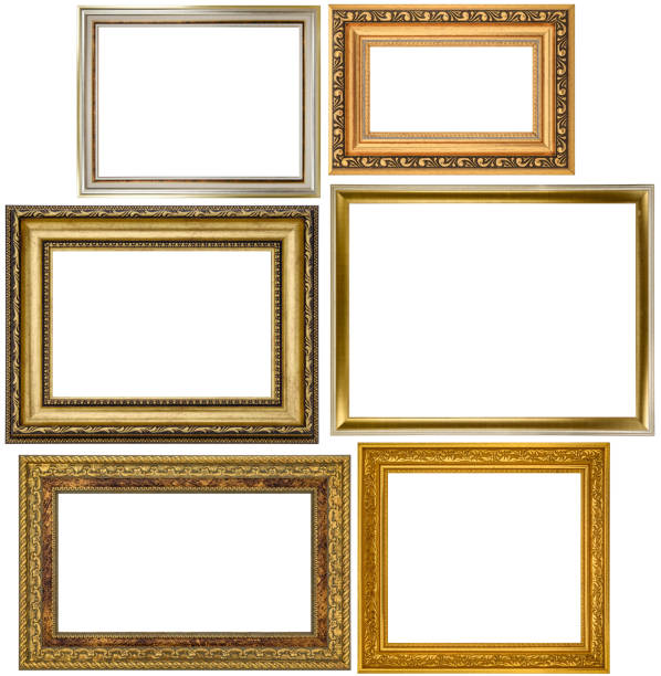 istock Set Classic Old Vintage Wooden mockup canvas frames isolated on white background. Blank Beautiful and diverse subject moulding baguette. Design element. use for framing paintings, mirrors or photo. 1415879292