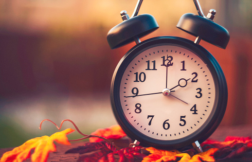 Alarm clock with fall leaves. Daylight savings time