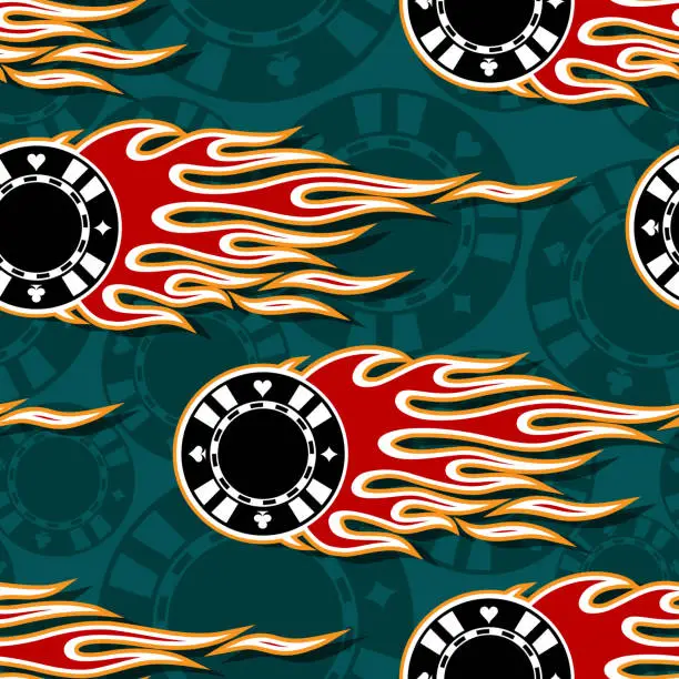 Vector illustration of Casino theme poker chips icon and tribal fire flame seamless pattern vector graphic wallpaper textile fabric wrapping paper downloadable digital file