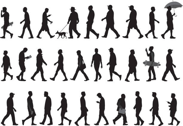 ilustraciones, imágenes clip art, dibujos animados e iconos de stock de siluetas caminantes para hombres 4 - profile people in a row group of people people