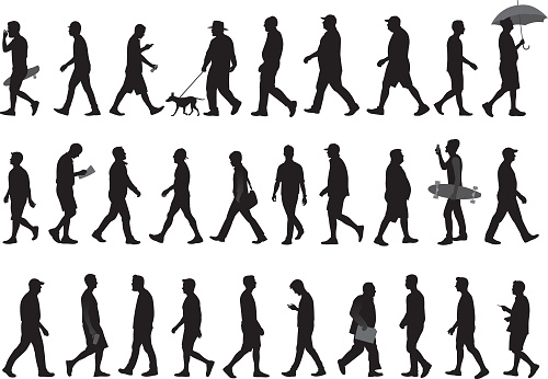 Vector silhouettes of various men walking.