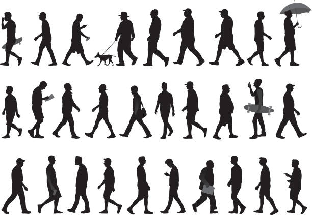 Men Walking Silhouettes 4 Vector silhouettes of various men walking. sideways baseball hat stock illustrations