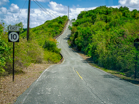 A winding highway on St John Island in the Caribbean.