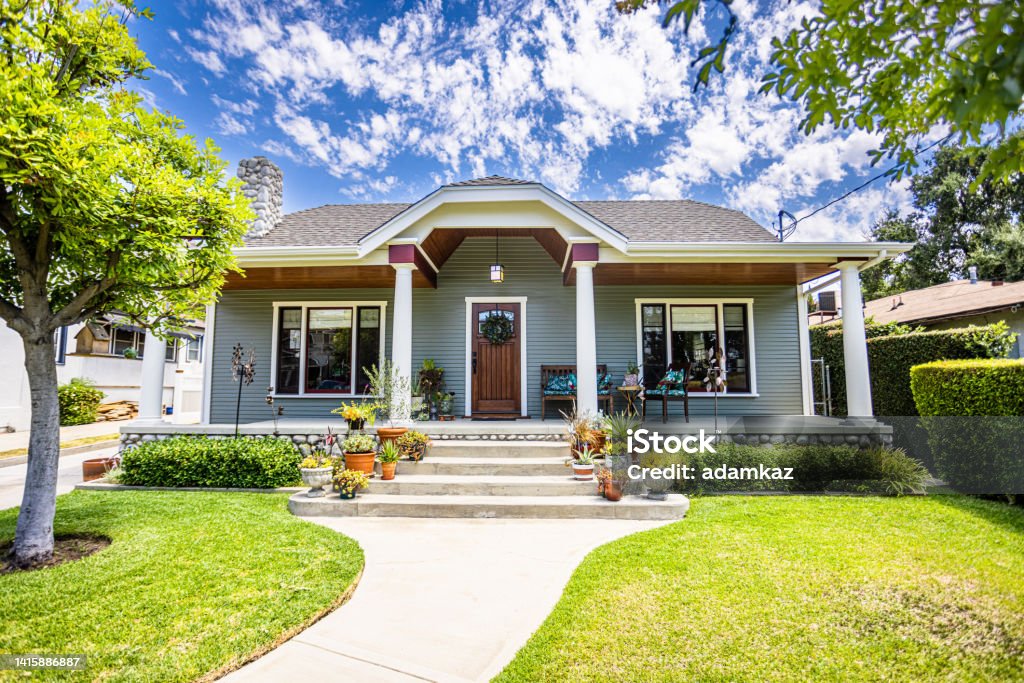 Freshly Painted Craftsman Bungalow House A 1923 Craftsman Bungalow Home with a fresh coat of paint House Stock Photo