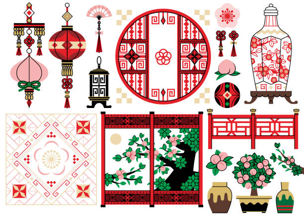 ilustrações, clipart, desenhos animados e ícones de ilustração de ornamento de estilo chinês estilo chinês design vermelho esquema de cores.
lanterna, lanterna de papel, pêssego, pote, vaso, vaso, vaso, tela dobrável, cerca. - japanese lantern illustrations