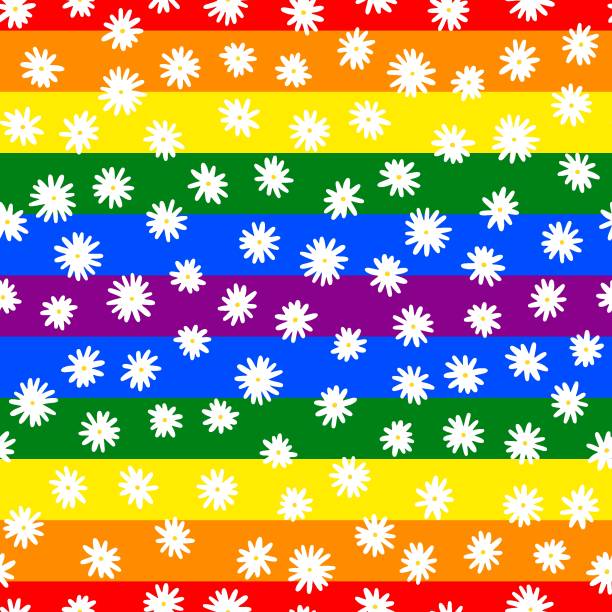 camomile nahtloses vektormuster. regenbogen-gestreifter hintergrund - gay pride spectrum backgrounds textile stock-grafiken, -clipart, -cartoons und -symbole