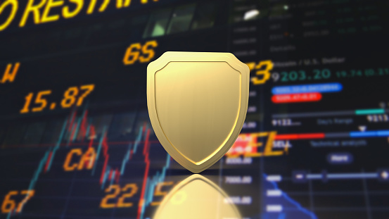 gold shield on business background 3d rendering