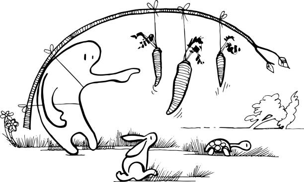 illustrations, cliparts, dessins animés et icônes de chase the carrot - illustration vectorielle en noir et blanc - the hare and the tortoise