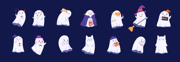 Bundle of cute childish Halloween ghosts. Different spooky boo characters with different emotions and Halloween costumes. Childish flat vector illustration Bundle of cute childish Halloween ghosts. Different spooky boo characters with different emotions and Halloween costumes. Childish flat vector illustration cute ghost stock illustrations