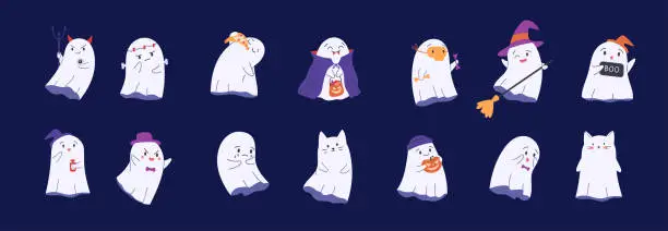 Vector illustration of Bundle of cute childish Halloween ghosts. Different spooky boo characters with different emotions and Halloween costumes. Childish flat vector illustration