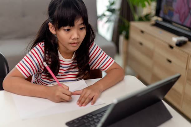 istock Cute Asian child learning class study online with video call from tablet at home .Social distancing concept 1415897510