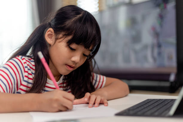 istock Cute Asian child learning class study online with video call from tablet at home .Social distancing concept 1415897511
