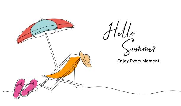 sommerurlaubskonzept, tropischer strand im single-line-doodle-stil - salzwasser sandalen stock-grafiken, -clipart, -cartoons und -symbole