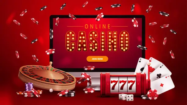 Vector illustration of Online casino, red poster with monitor with slot machine, Casino Roulette, poker chips and playing cards.