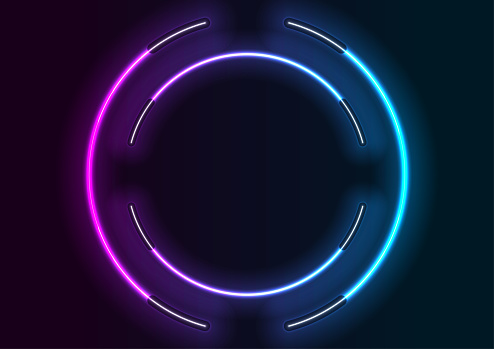 Abstract blue ultraviolet neon circles frame from fluorescent lamps. Sci-fi retro vector design