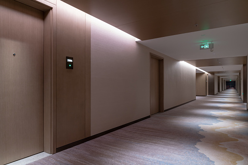 Elegant hotel corridors and elevator rooms, with soft lighting, and elegant carpet and wood walls.