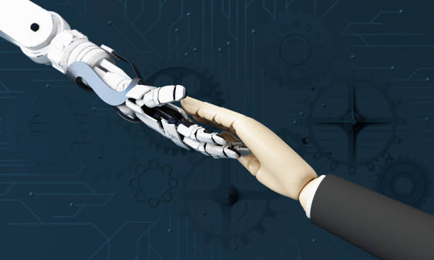 istock Robot hand making contact with human hand. on a background full of technology circuit boards. 3d rendering 1415912743