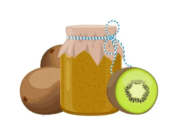 Vector illustration of Kiwi jam or confiture jar in rustic style, homemade fruit berry preserve, vector illustration on white background