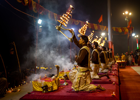 Varanasi, India-November 19th 2021: People worship river Ganga on the occasion of Dev Deepawali