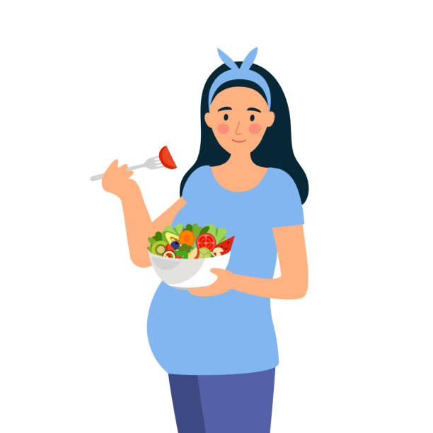 白い背景にフラットなデザインで健康食品を食べる妊婦。 - マタニティウェア点のイラスト素材／クリップアート素材／マンガ素材／アイコン素材
