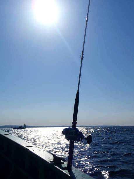 direct sun shine backlight flare and a fishing rod on the boat. - recreational boat nautical vessel fishing rod motorboat imagens e fotografias de stock